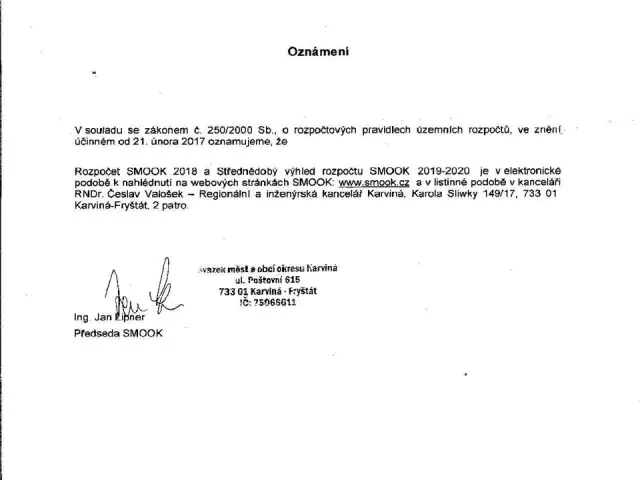 Oznámení o zveřejnění rozpočtu SMOOK 2018 a střednědobého výhledu rozpočtu SMOOK 2019-2020; Adresát: Svazek měst a obcí okresu Karviná - 0 - 1/2018